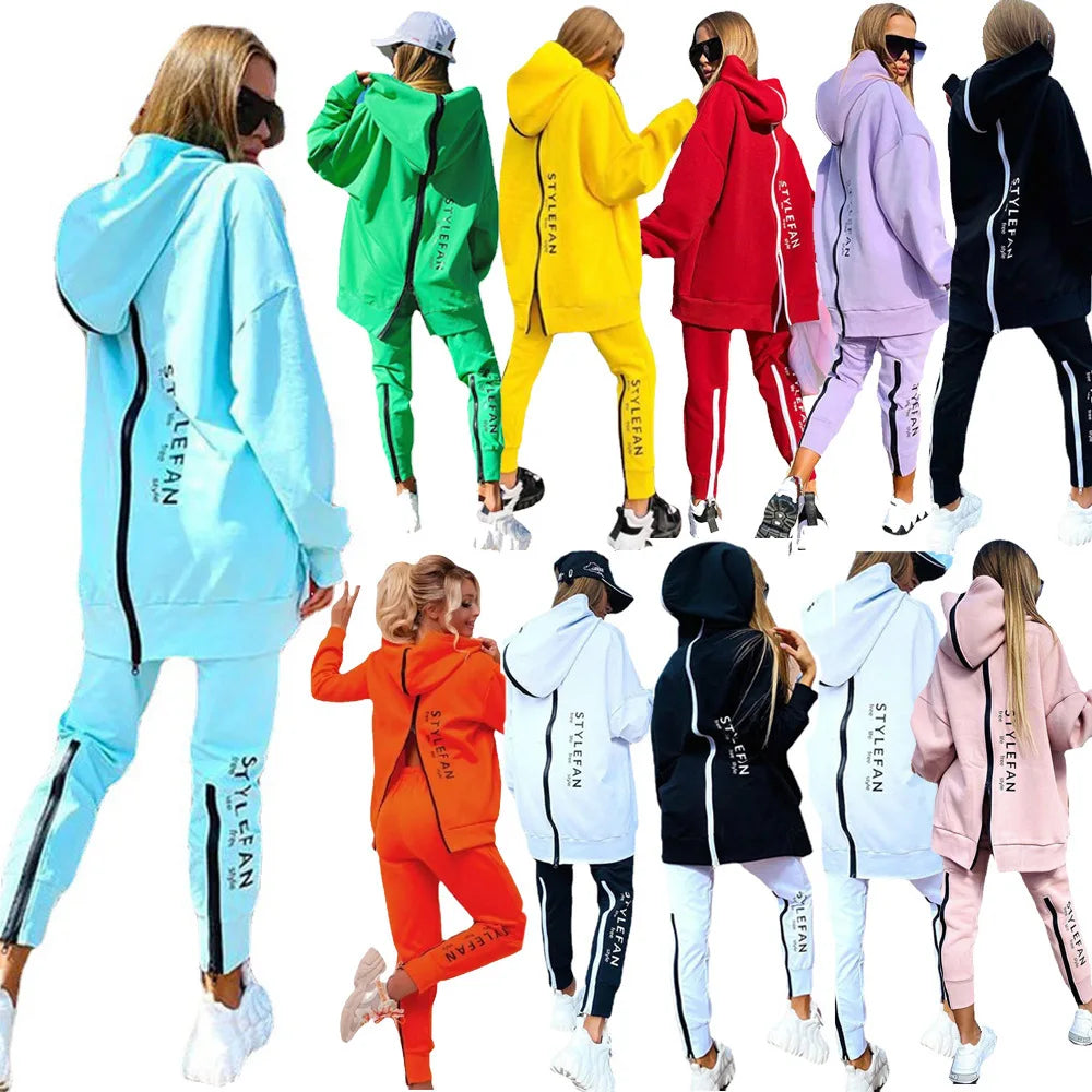 Fashion Women's 22-piece Suit Long Zipper Front and Back with Letter Printing Loose Long Sweater + Trousers Suit