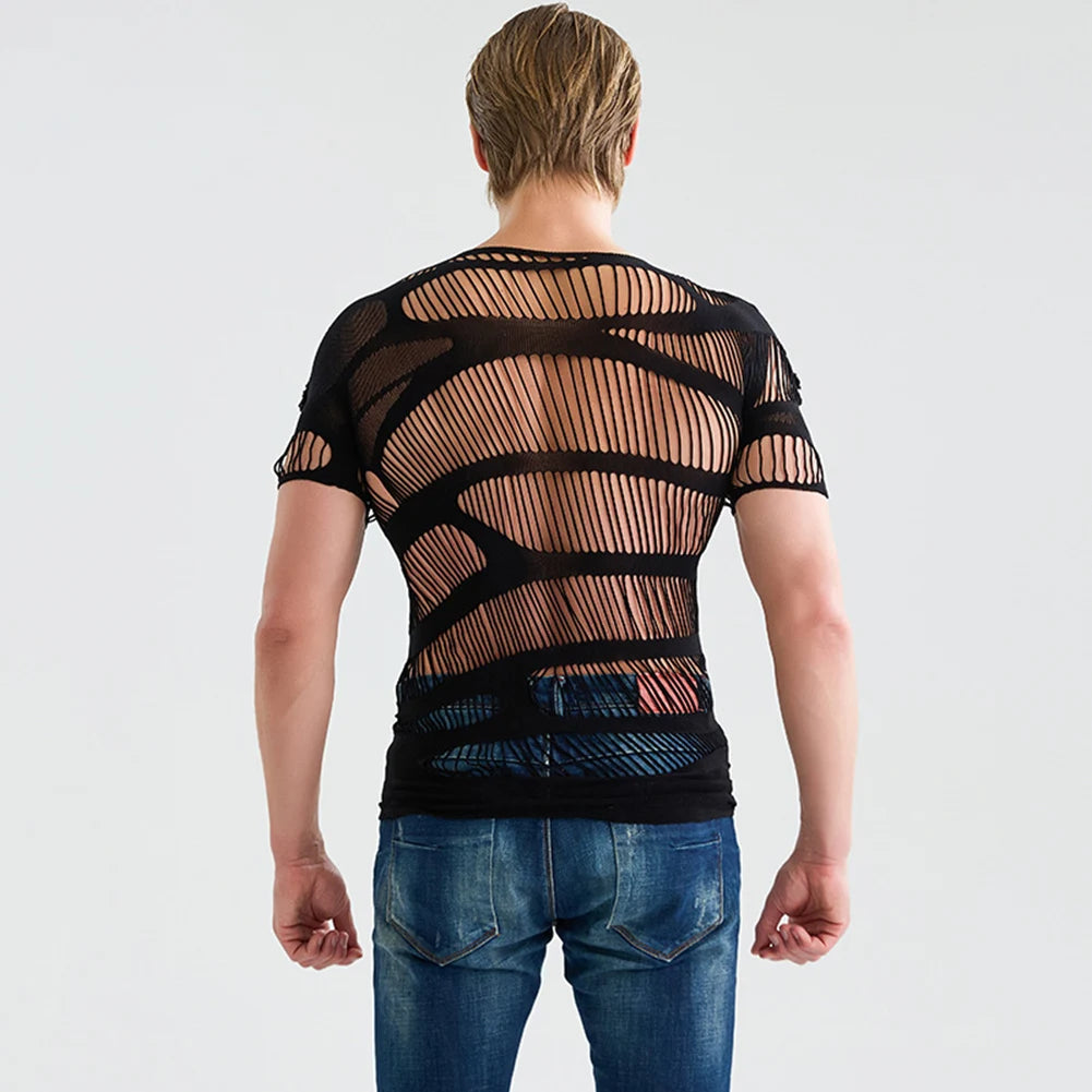 1pc Men Sexy Mesh Sheer Top Short Sleeve Mesh See Through Tops Hollow Out O-neck T-shirts Solid Color Underwear