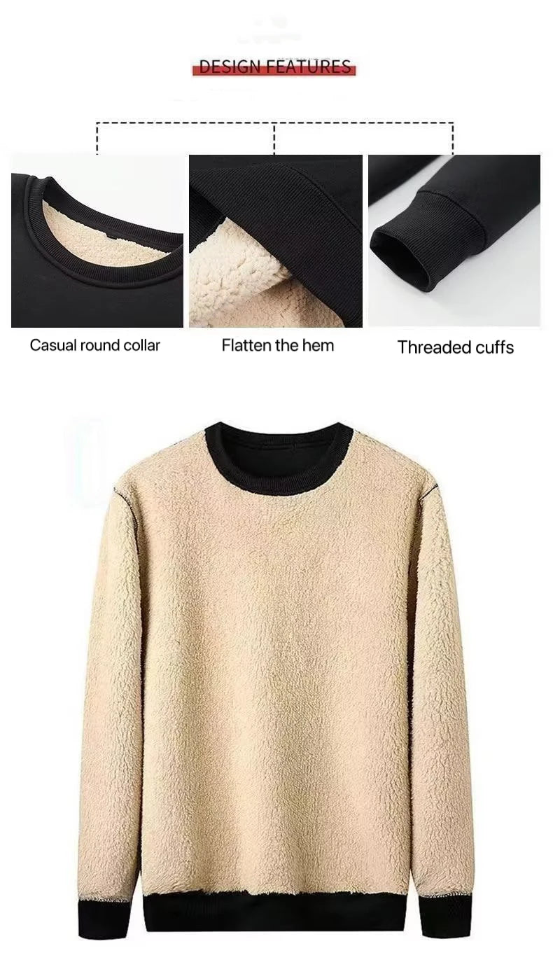 Men's Winter Fleece Sweatshirts Boy Man Keep Warm Underwear Casual Solid Color Pullover Lambswool O-neck Thickened Thermal Tops