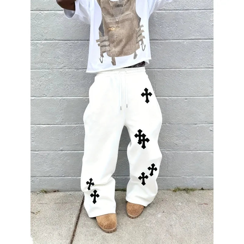 2026 Fashion Men's Black Wide Leg Pants Large White Cross Print Street Hip-Hop Pants Loose Casual Jogging Outdoor Pants Gothic