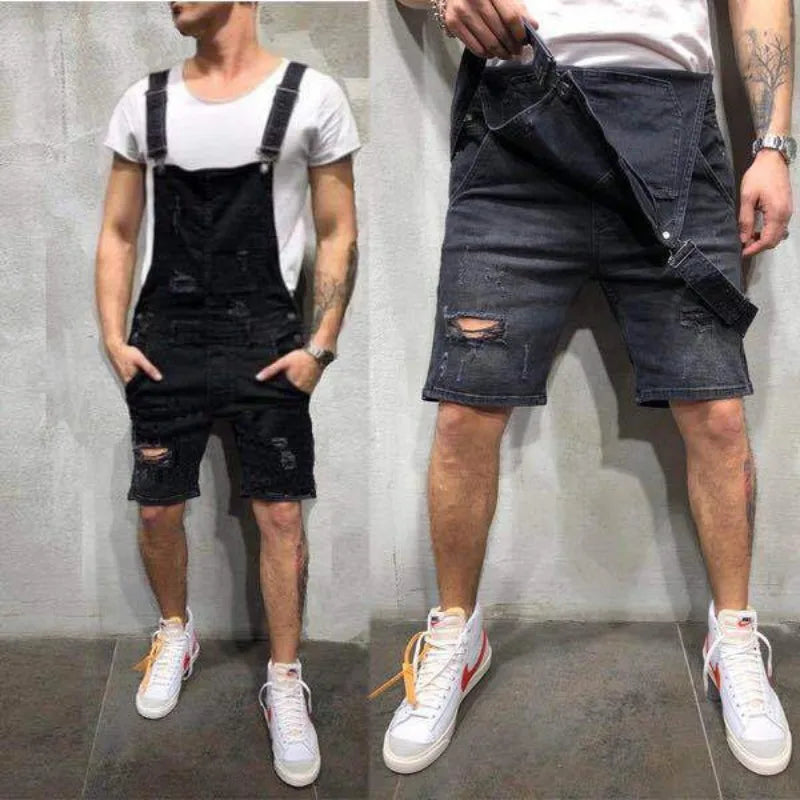 New Denim Bib Hole Slim Mens Shorts Work Pants