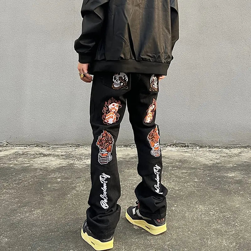 Y2K Flame Skull Pattern Embroidery Men's Jeans American Fashion Hip-Hop High Street Straight Tube Design Trumpet Denim Trousers