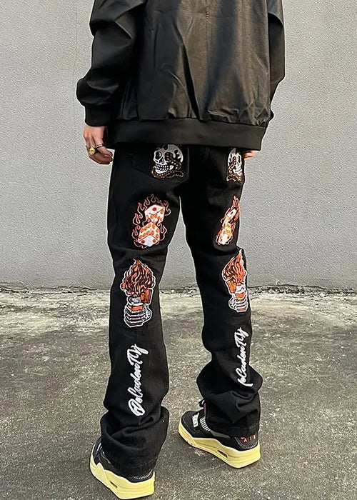 Y2K Flame Skull Pattern Embroidery Men's Jeans American Fashion Hip-Hop High Street Straight Tube Design Trumpet Denim Trousers