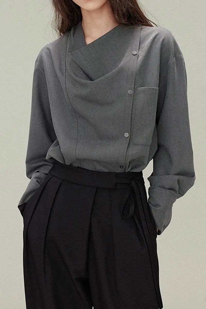 Premium gray drape shirt retro loose collar design long sleeve shirt bottoming shirt women's spring large size tide