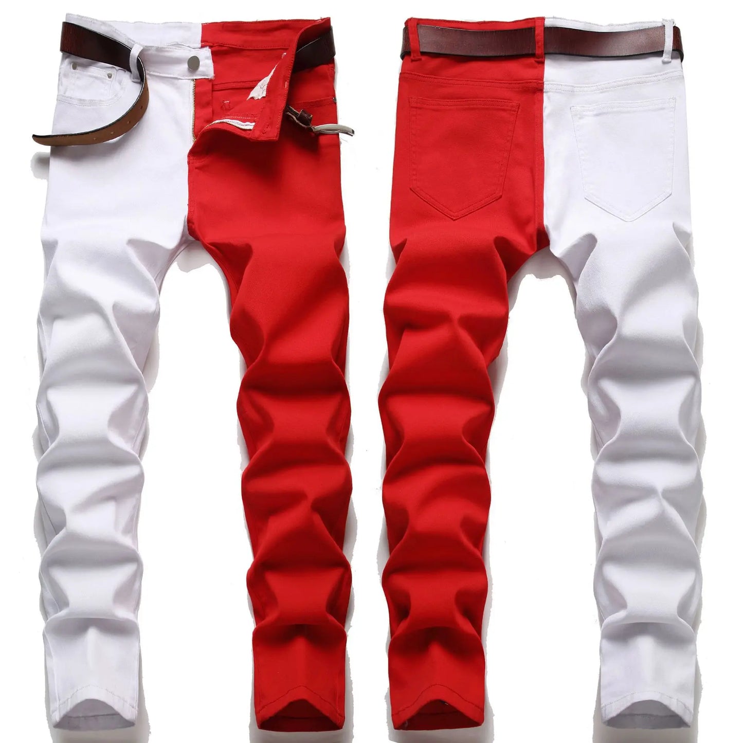 Two Colors Spliced Into Jeans Men's Fashion Casual Trousers and Shorts Red Green Yellow Denim Pants 28-38