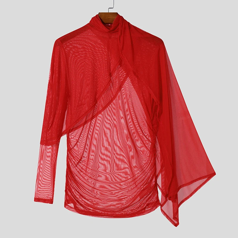 INCERUN Men See Through Solid Color Knitted T-Shirts Long Sleeve High Collar Camiseta Ruffled Edge Sexy Elegant Tops Fashion Top
