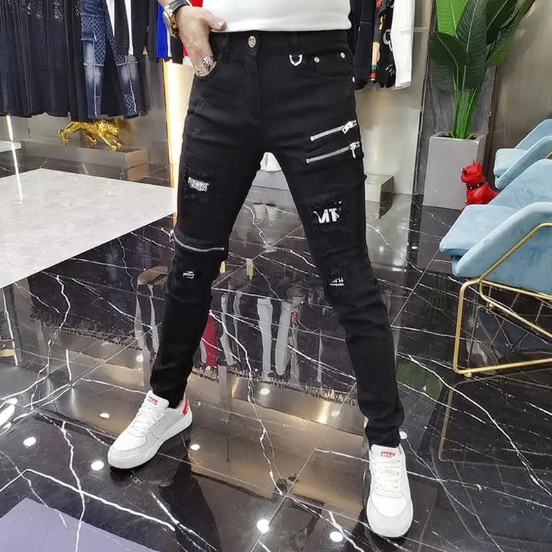 Luxury Men's High Street Korean Black Jeans with Zipper Distressed Hole Designer Youth Trend Slim-Fit Black Cotton Trousers