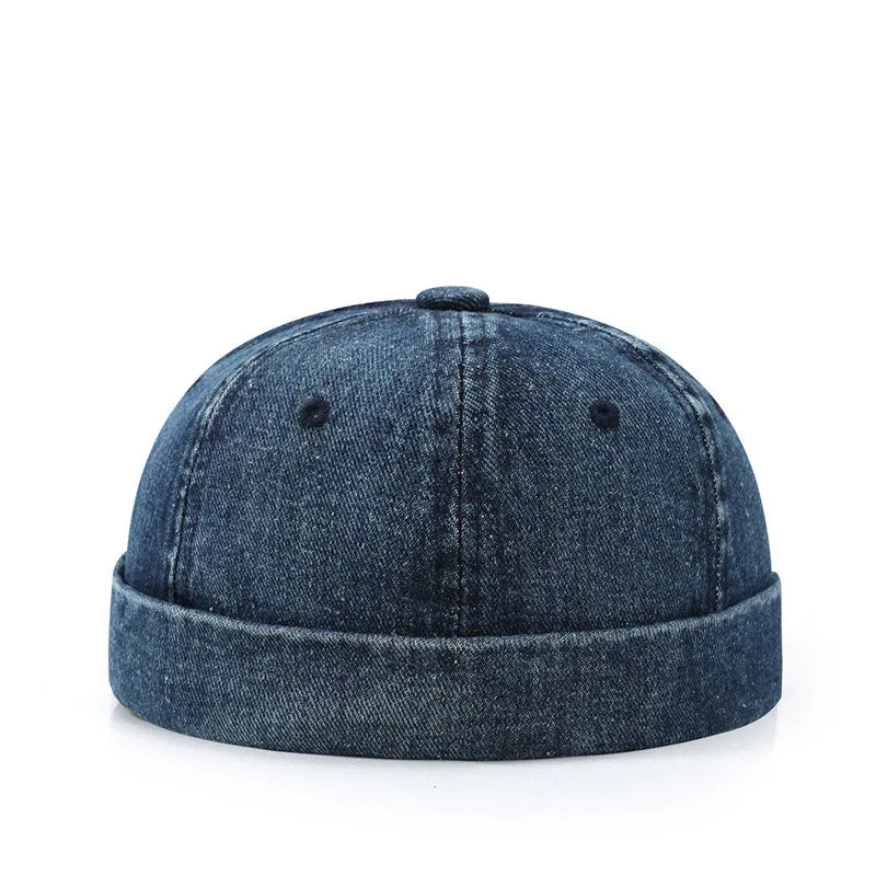Hip Hop Blue Denim Washed Cotton Landlord Hat Docker Cap Rolled Edge Brimless Sailor Hat Solid Adjustable Beanie Hats Streetwear