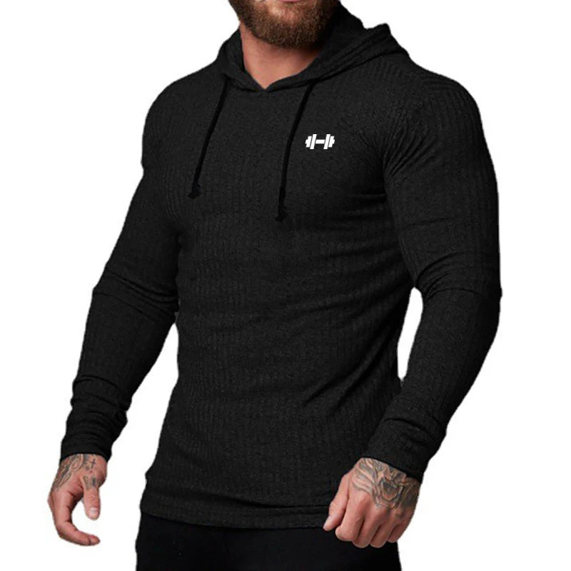 Autumn Breathable Quick Dry Knitted Hooded Shirt Men Fitness Sport Long Sleeve Hoodie Gym Bodybuilding Muscle Slim Fit Pullovers