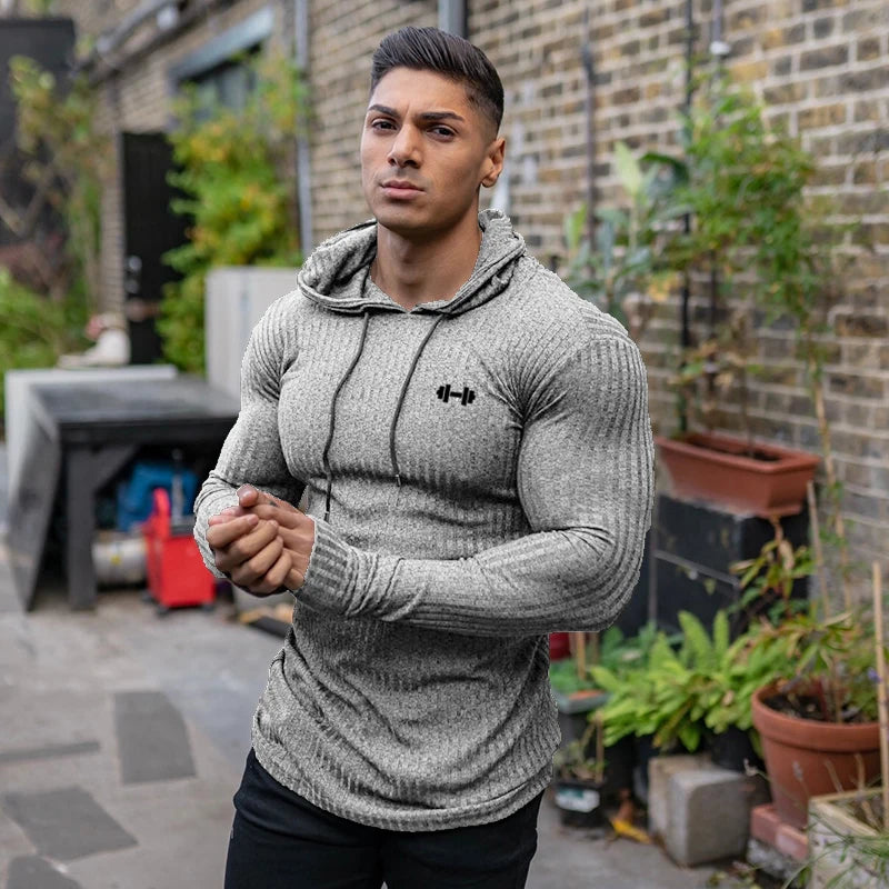 Autumn Breathable Quick Dry Knitted Hooded Shirt Men Fitness Sport Long Sleeve Hoodie Gym Bodybuilding Muscle Slim Fit Pullovers