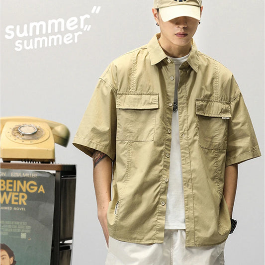 Summer Japanese Cargo Short Sleeve Shirt Men's Pockets Button Turn-down Collar Shirts Fashion Casual Cardigan blouses Tops