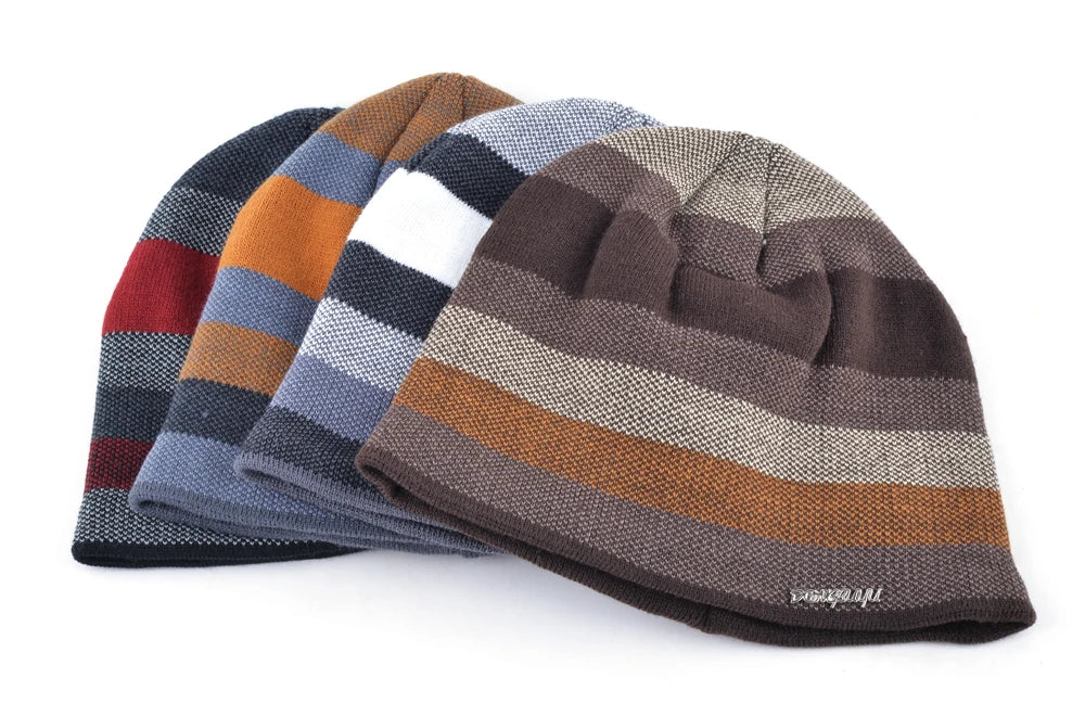 Men's Skullies Hat Bonnet Winter Beanie Knitted Wool Hat Plus Velvet Cap Thicker Stripe Skis Sports Beanies Hats for men