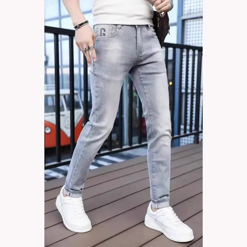 New Jeans Kpop Light Luxury Clothing Fashion Korean Casual Jeans Men's Slim Straight Pencil Pants Autumn Spring Denim Trousers