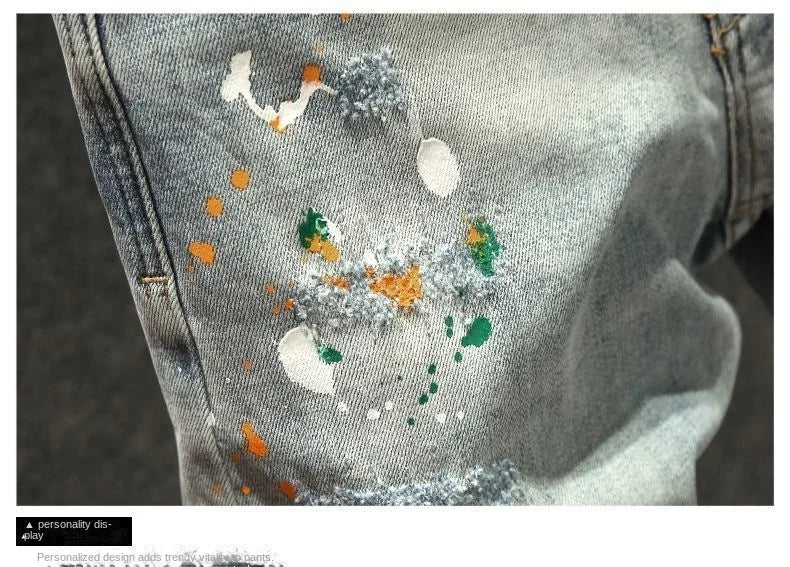 New Arrival Kpop Korean Style Men's Designer Clothes High Quality Washed Paint Splatter Ripped Jeans Distressed Cotton Trousers