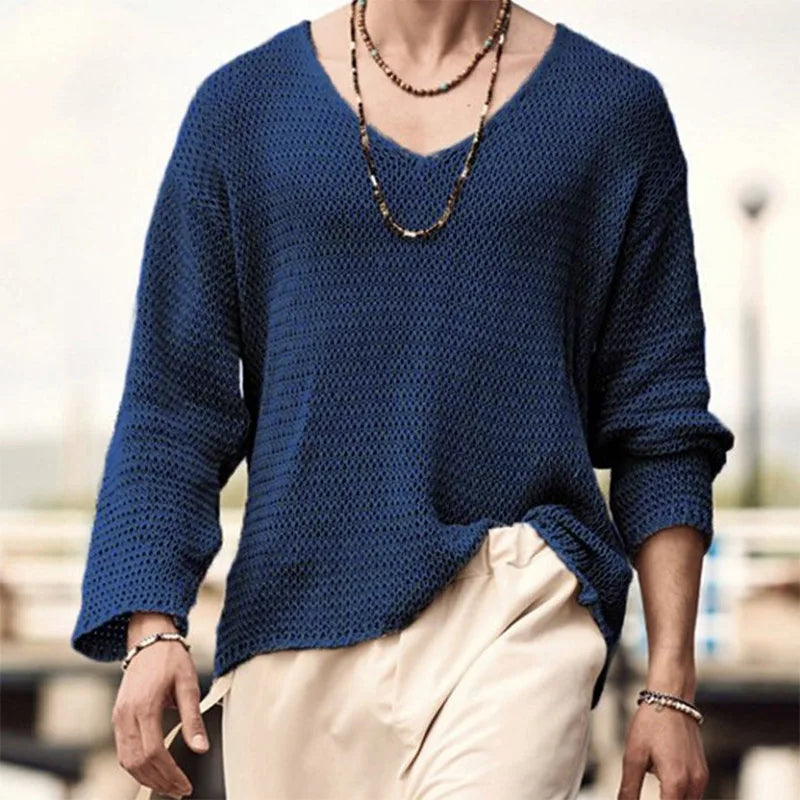 INCERUN Men T Shirt Solid Color Knitted V Neck Long Sleeve Casual Men Clothing Streetwear 2023 Hollow Out Loose Camisetas S-5XL