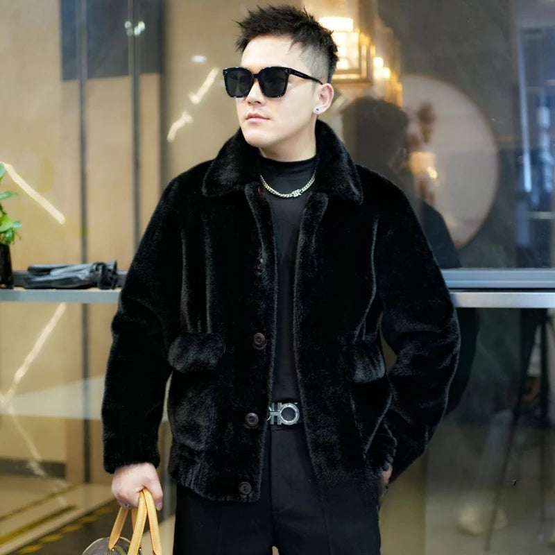 Luxury Brand Winter Faux Fur Coat Men Warm Fur Jacket Single-breasted Reversible Wear Windproof Jacket Business Casual Outerwear