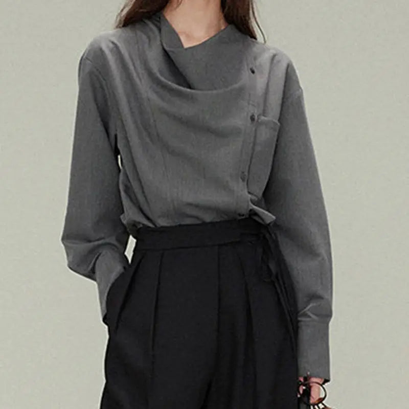 Premium gray drape shirt retro loose collar design long sleeve shirt bottoming shirt women's spring large size tide