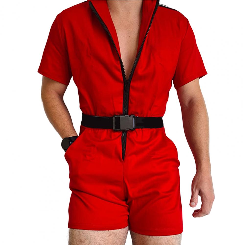 Mens Causal Solid Color Jumpsuit Fashion Male Summer Short Sleeve Zipper Overall Streetwear Slim Shorts Fine Stitching Rompers