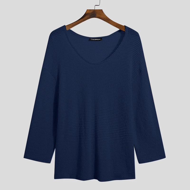 INCERUN Men T Shirt Solid Color Knitted V Neck Long Sleeve Casual Men Clothing Streetwear 2023 Hollow Out Loose Camisetas S-5XL
