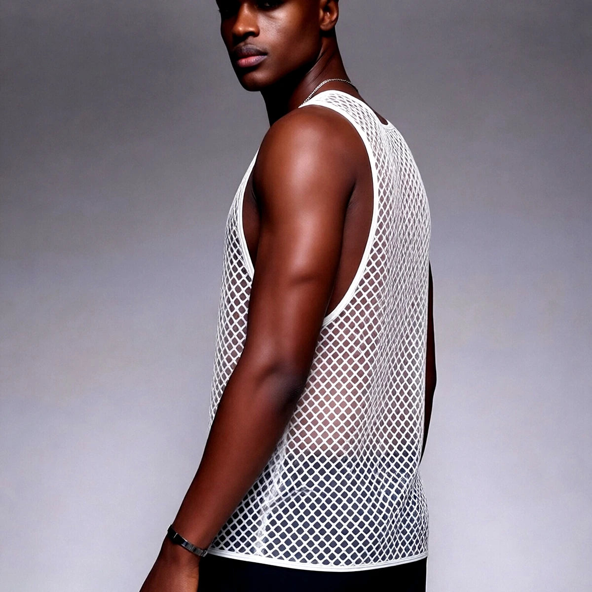 JOCKMAIL Men Tank Tops Mesh Hollow Out O-neck Sleeveless Male Vests Streetwear Summer Sexy See Through Fashion Men Clothing