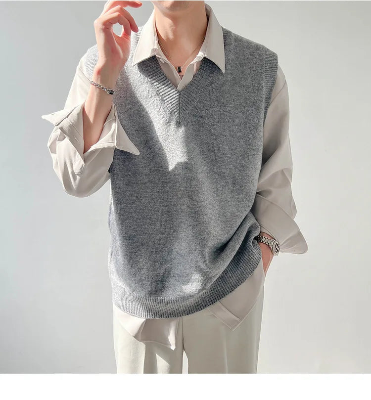 Korean Loose Base Knitted Sweater Sleeveless Vest Men's Underwear Pullover V-neck Sweater Vest