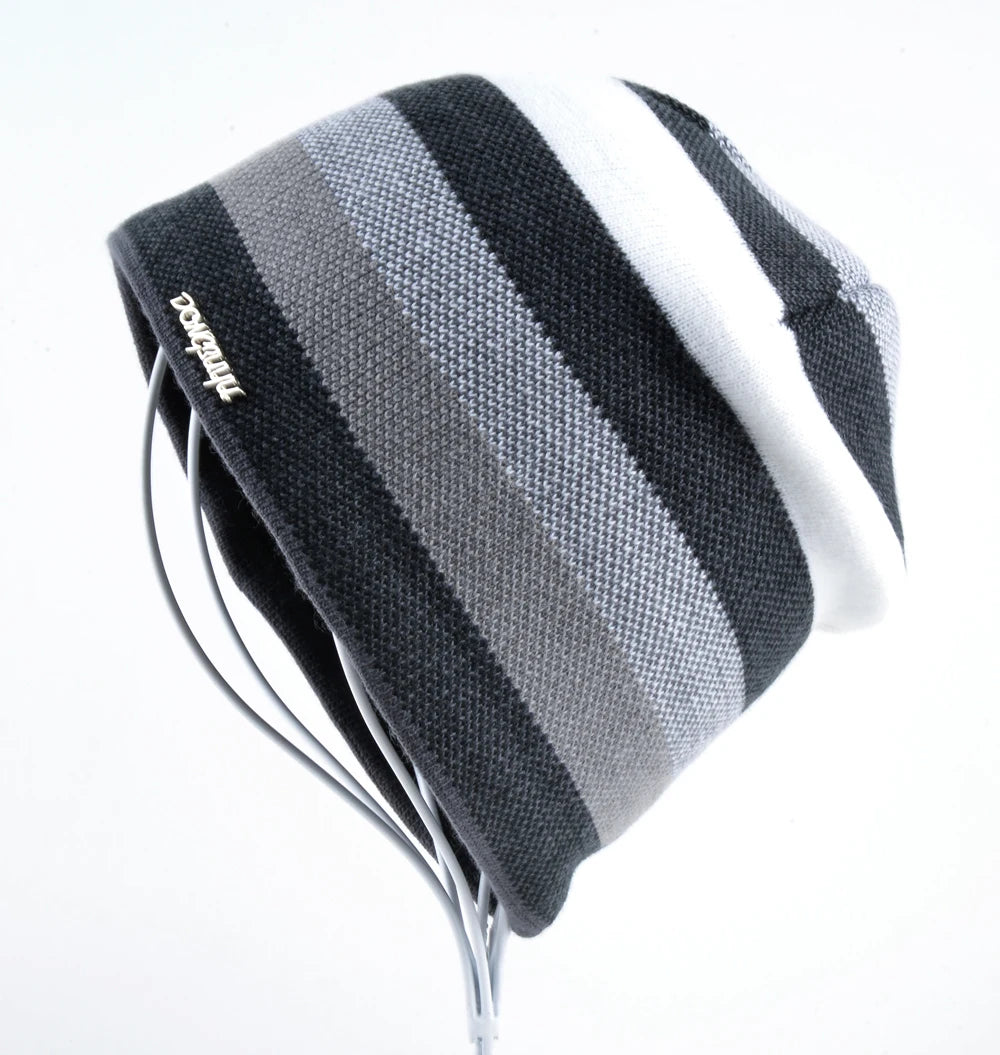 Men's Skullies Hat Bonnet Winter Beanie Knitted Wool Hat Plus Velvet Cap Thicker Stripe Skis Sports Beanies Hats for men
