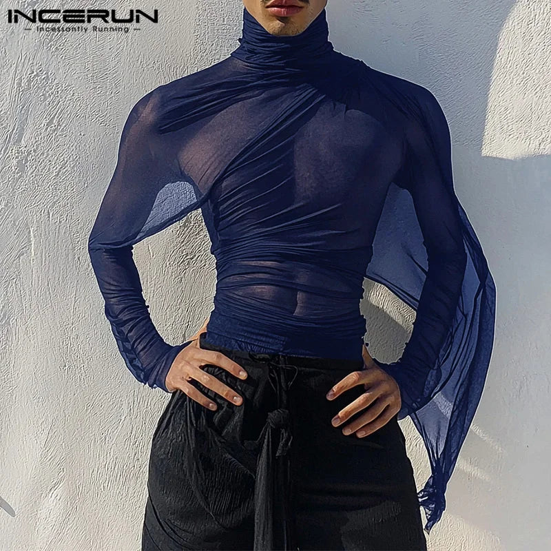 INCERUN Men See Through Solid Color Knitted T-Shirts Long Sleeve High Collar Camiseta Ruffled Edge Sexy Elegant Tops Fashion Top