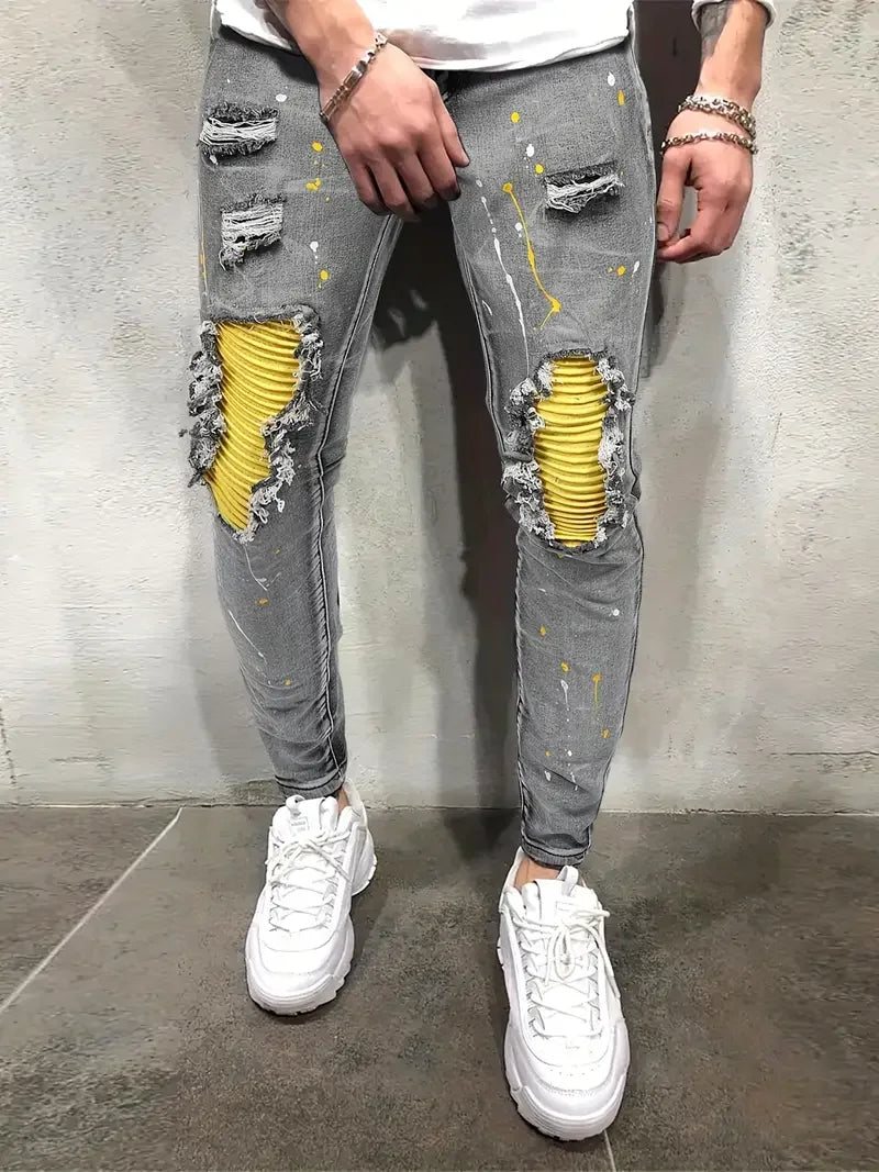 Men's Casual Creative Street Style High Stretch Paint Splatter Ripped Design Slim Fit Jeans Denim Pants For Spring Summer