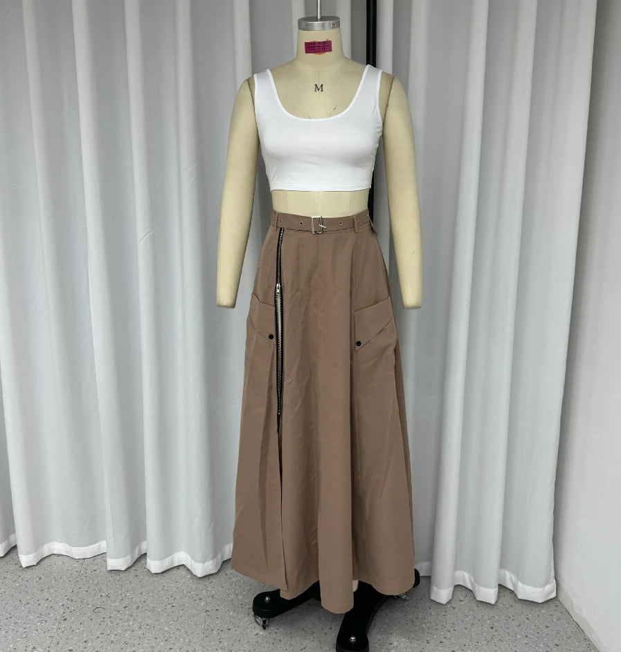 Women's Skirt Set Sleeveless Solid Split Two Piece Set 2024 Early Spring Commuting Style Sleeveless Zipper Medium Length Skirt