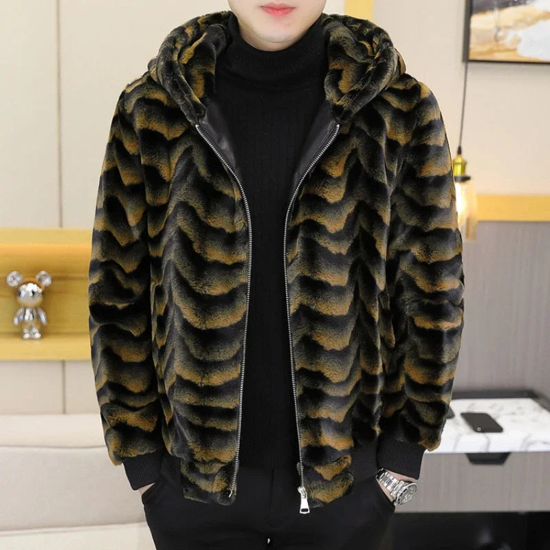 2022 Winter Faux Fur Mink Jackets Men Thicken Warm Imitation Fur Hooded Coat Slim Casual Business Social Jackets Men Clothing
