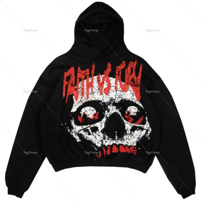 Outerwear Harajuku Casual Gothic Hooded Skull Print Hoodie Men's Retro Elastic Long Sleeve Loose Jacket Sweatshirt Y2K Streetwea