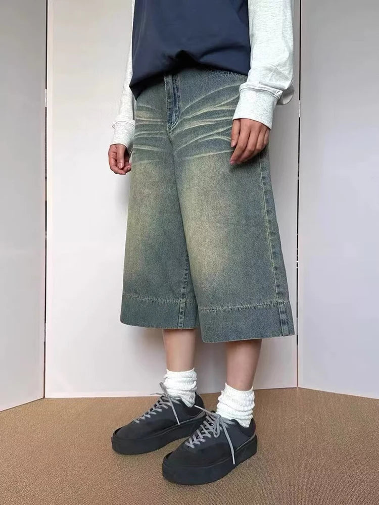 Men's Summer Jean Shorts High Street Harajuku Casual Straight Jeans Washed Five-point Pants Male Vintage Baggy Denim Short Pant