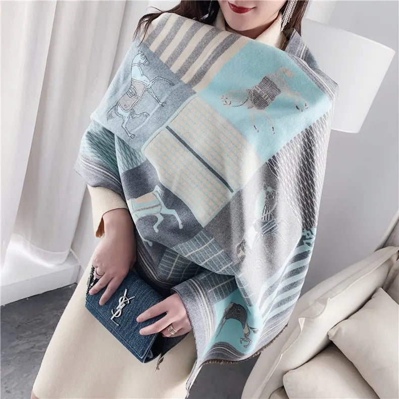 Winter Cashmere Scarf Women Luxury Horse Print Female Shawl Wrap Scarves Lady Thick Warm Blanket Gift Echarpe Pashmina