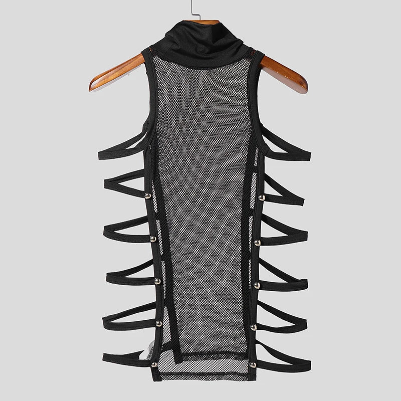 INCERUN Men Tank Tops Mesh Patchwork See Through Turtleneck Sleeveless Male Vests Streetwear Hollow Out Sexy Men Clothing Summer