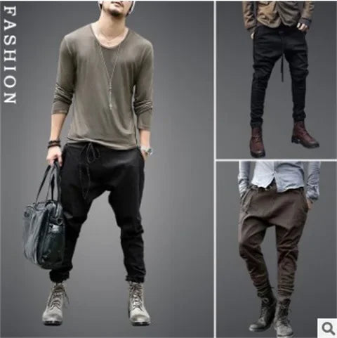 European and American Youth Tapered Cropped Pants for Men Fashionable with Laces Loose and Casual Low-rise Tapered Cropped Pants