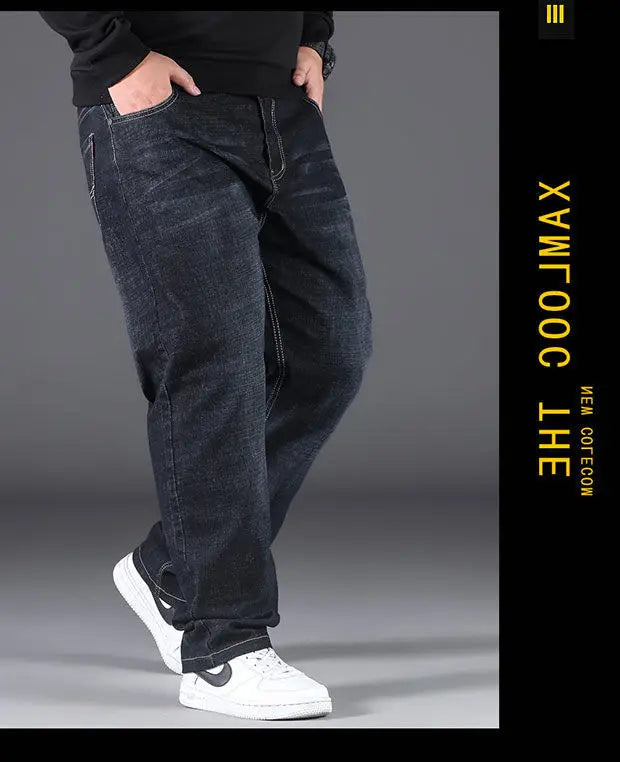 Men's Large Size Jeans Elastic Band NO 40  Oversize High Waist Loose Pant Husband Plus Size Fat Loose Black Male Denim Trouser