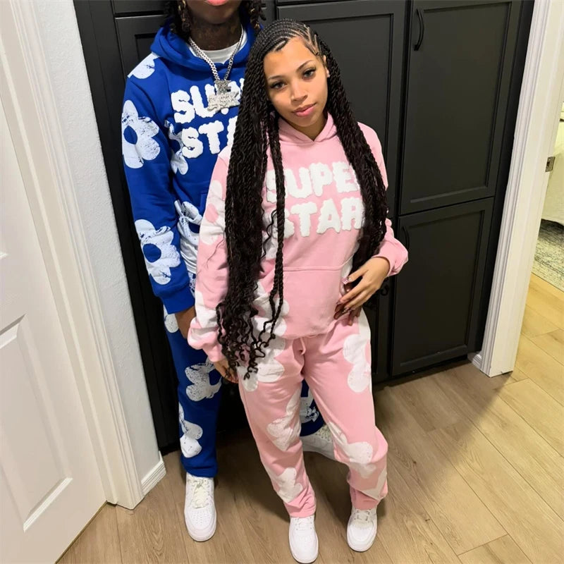 Men's Tracksuit 2 Pieces Sets Hooded Sweatshirt +Drawstring Pants Letter Print Hoodies Sportswear Hip Hop Women Autumn Tracksuit