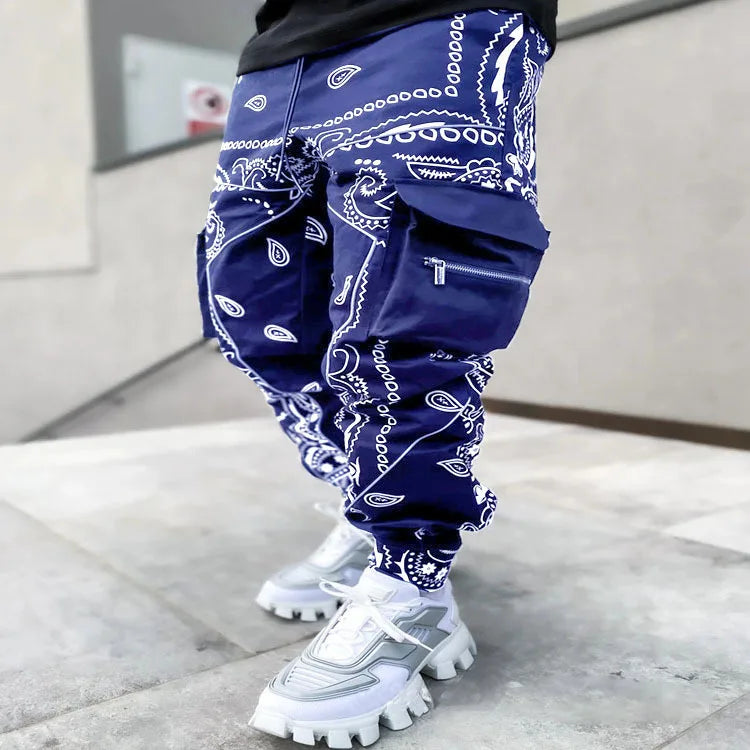 New Men's Cargo Pants Trend Printed Loose Hip Hop Fashion Street Wear Big Pocket Overalls Men Bright Color Four Seasons Trousers