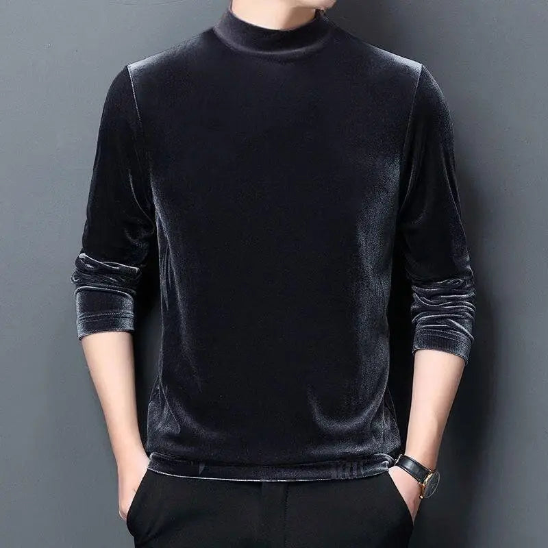 Men's Sweatshirt Velvet Half Turtleneck Sweater Autumn Winter Printed Long-sleeved Top Versatile
