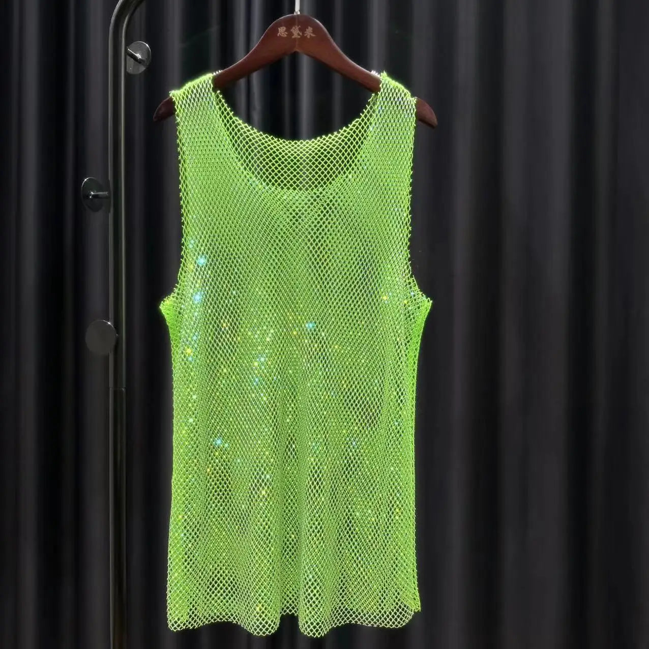 Men's Sheer Bling Tank Tops Mesh Fishnet Sleeveless Vest Top Hollow Out Flash Diamond Tank Shirt Sexy Tops to Show Muscle