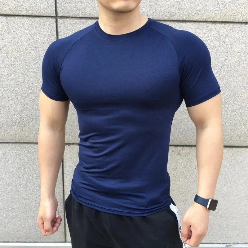 2025 New Men Summer Short Sleeve Fitness Shirt Running Sport Gym Compression T Shirt Workout Casual Elastic Force Tops Clothing