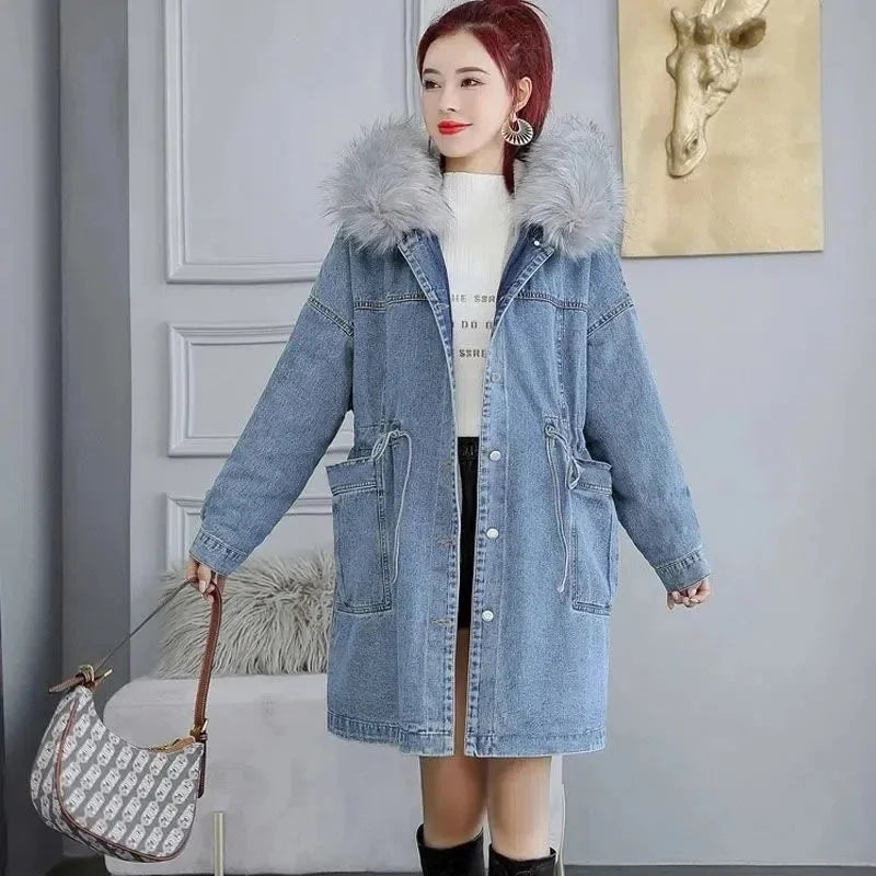 Women's Jeans Coat 2023 New Winter Coats Thick Wool Denim Jacket Korea Loose Hooded Fur Collar Long Clothes Outerwear Female