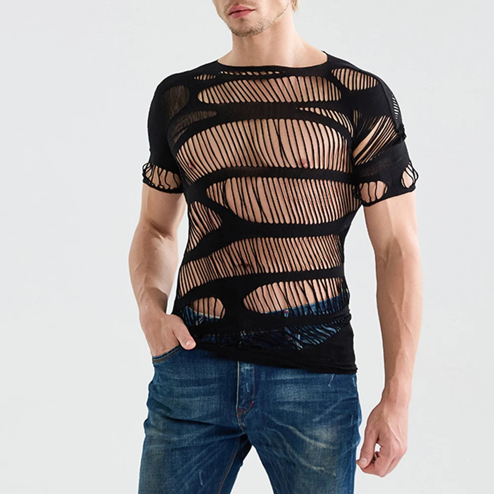 1pc Men Sexy Mesh Sheer Top Short Sleeve Mesh See Through Tops Hollow Out O-neck T-shirts Solid Color Underwear