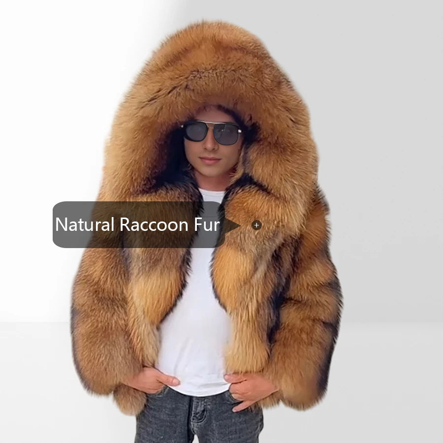 Men's Raccoon Fur Coat With Hood Natural Full Skin Raccoon Fur Jacket Genuine Leather Jacket High Quality  Real Fur Coat Long