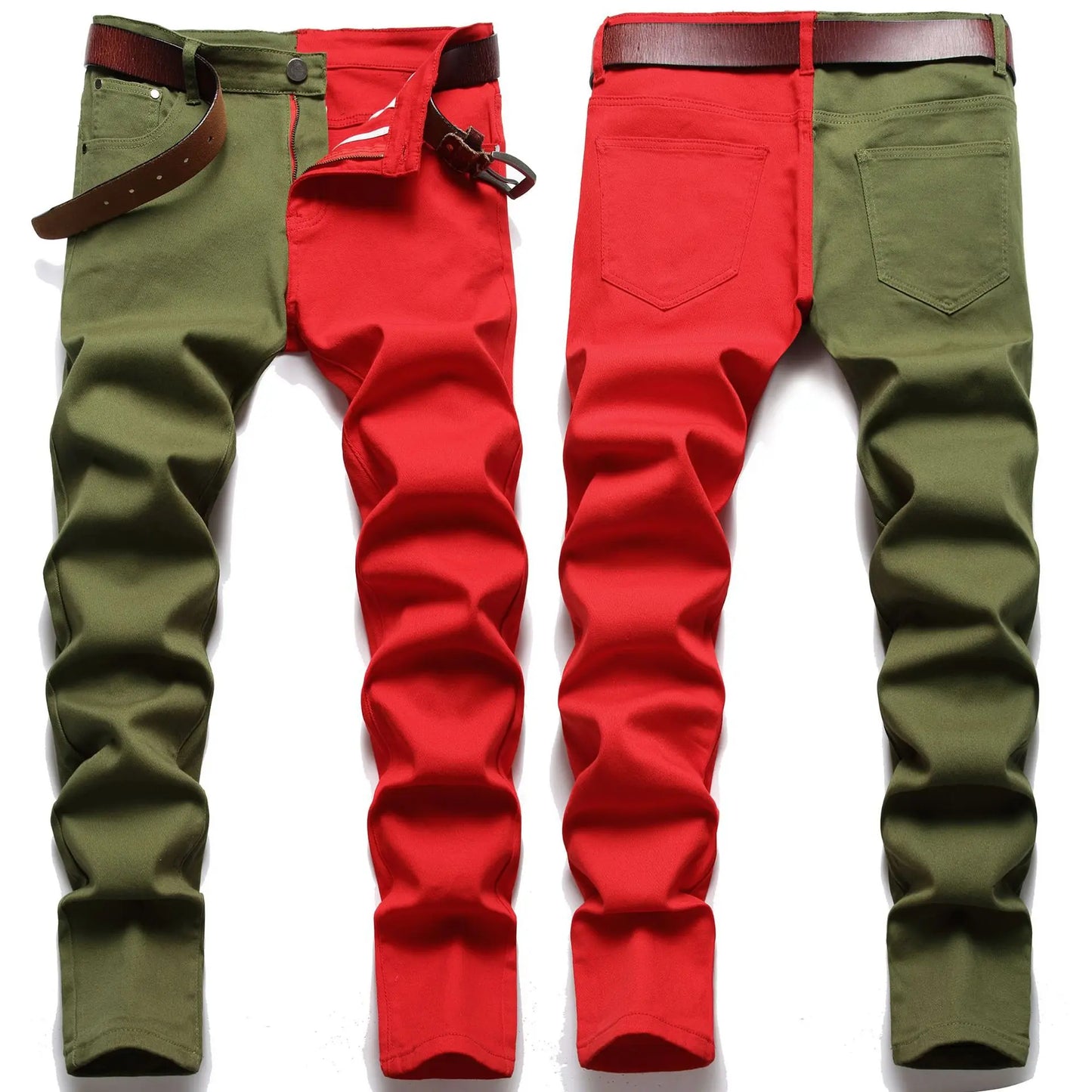 Two Colors Spliced Into Jeans Men's Fashion Casual Trousers and Shorts Red Green Yellow Denim Pants 28-38