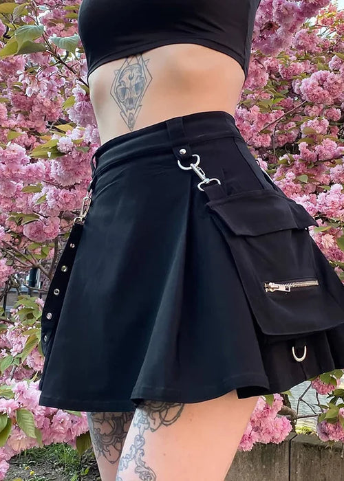 Black Skirt Harajuku Punk Gothic Black High Waist Black Women Sexy Patchwork Bandage Mini Skirt Female Streetwear