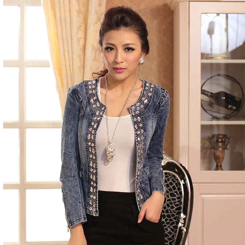 FMFSSOM New Spring Antumn Denim Jackets Vintage Diamonds Casual Coat Women's Denim Jacket Basis Tops Outerwear Jeans