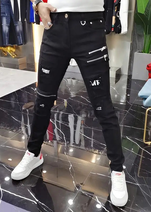 Luxury 2023 Men's High Street Korean Black Jeans with Zipper Distressed Hole Designer Youth Trend Slim-Fit Black Cotton Trousers