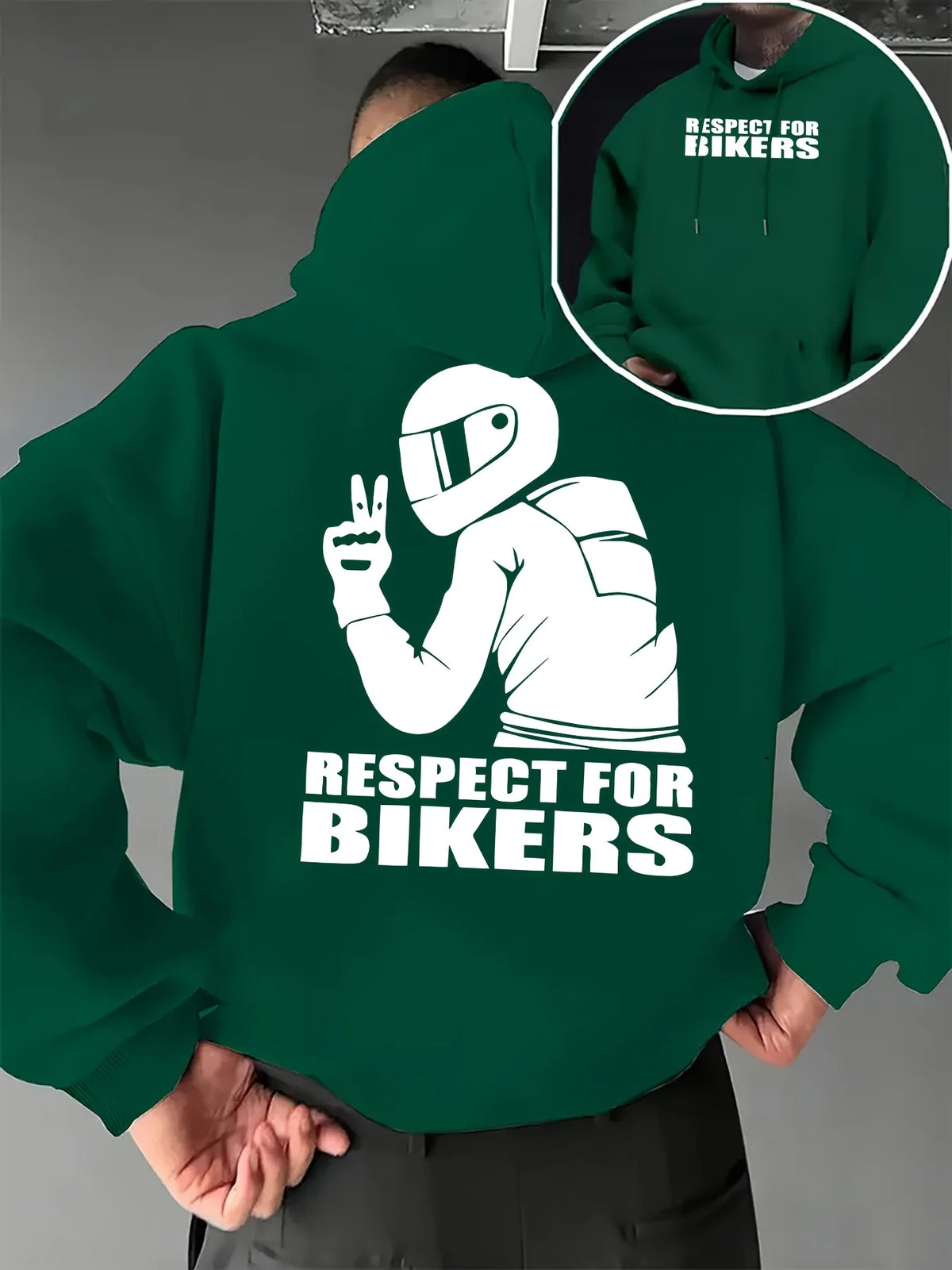 Biker Respect Statement Hoodie with Rider Peace Sign, Hip Hop Sport Style Loose Fit Casual Streetwear Long Sleeve Sweatshirt