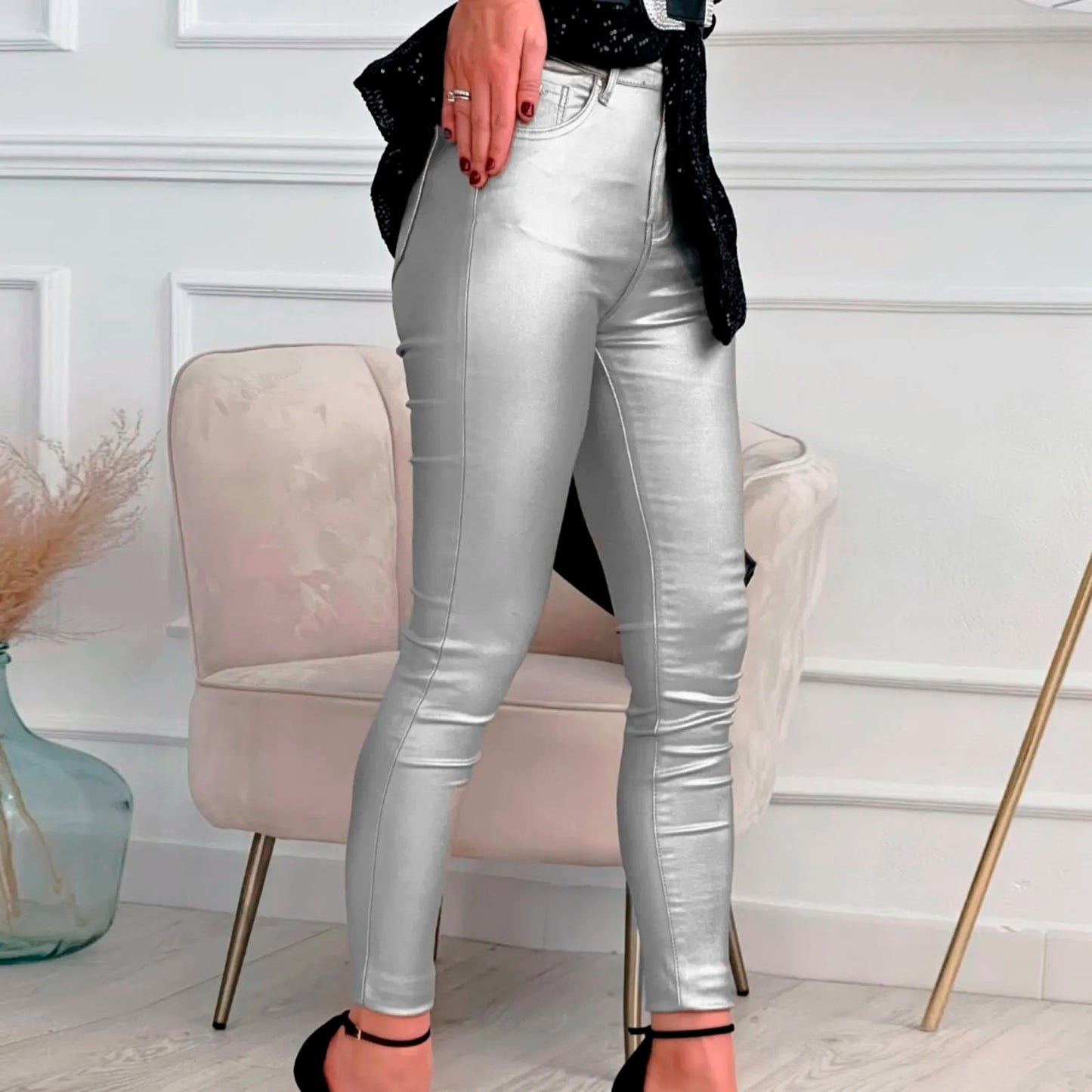 Women Leggings Faux Leather Pants Spring Gold Silver Fashion Lady Trousers Sexy Skinny Tight Pocket Button Female Long Pants